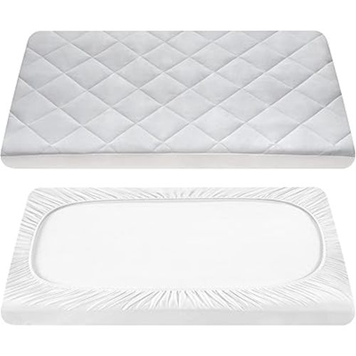 TILLYOU Pack and Play Sheets Pad - Waterproof Play Yard Playpen Sheets Pad, Soft Quilted Sheets with 1''-3'' Deep Pocket, Breathable and Fluffy, 39"x27",Light Grey
