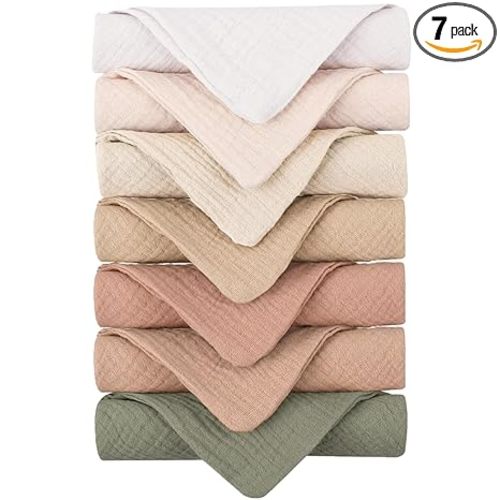 Baby Muslin Washcloths 7-Pack, 100% Cotton Baby Bath Washcloths, Soft & Absorbent Wash Cloths and Burp Cloths for Newborn Kids Girls & Boys, 11x11 inches