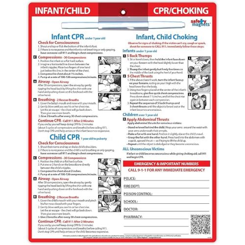 Infant and Child CPR and Choking Fridge Magnet — Emergency Phone Numbers — Laminated Card with Marker, 8.5" x 11" — by Safety Magnets