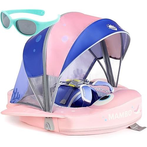 Mambobaby Float with Canopy and Tail New Upgraded Non-Inflatable Baby Pool Float Mambo Float Swim Trainer Solid Infant Swim Float Adjustable Pearl Foam Baby Swim Ring