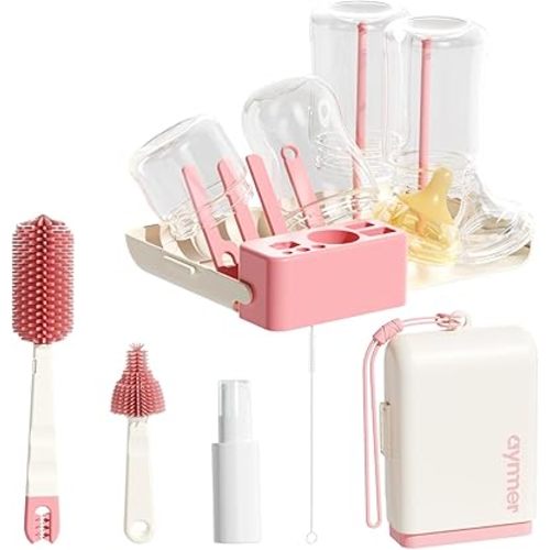 Aynmer Baby Bottle Brush, 10 in 1 Travel Baby Bottle Cleaner Brush Set with Silicone Brush, Nipple Brush, Straw Brush, Soap Dispenser, Portable Drying Rack, Breast Pump & Bottle Cleaning Kit - Pink