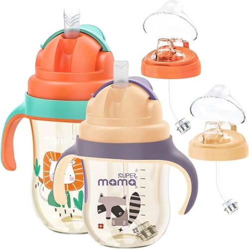 SUPER MAMA Supermama Sippy Cups for 1+ Year Old with Spout & Straw(9/11 Oz), PPSU No Spill Sippy Cups with Weighted Straw, Spill Proof Training Toddler Cups With Handle for Baby 6+ Months - Purple&Light Green(9&11 Ounce)