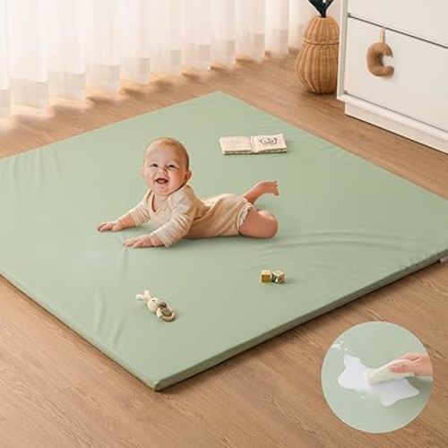 Blissful Diary Vegan Leather Baby Play Mat, 50x50 Thicken Foam Cushioned & Waterproof Playpen Mat for Infants and Toddlers, Stylish and Just Wipe-Clean Crawling Mat for Babyplay on Floor, Light Green