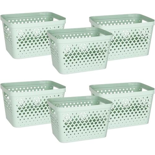 Glad Plastic Storage Basket Set, Value Pack of 6 | Open Storage Bins for Shelves, Bathroom, Pantry, Closet | Nesting Organizer Boxes with Handles, 4 Gallon, Sage