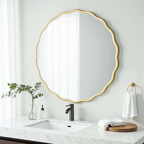 H HOMEWINS Gold Round Mirror for Wall 28 Inch Gold Circle Wavy Bathroom Farmhouse Vanity Wood Large Irregular Mirror for Nursery Entryway Living Room