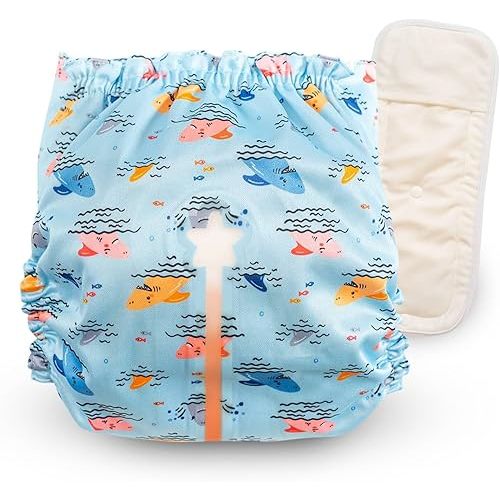 Reusable Cloth Diapers with Wetness Indicator, Swim Diaper, 1 Waterproof Skin Friendly Covers&Insert One Size Adjustable Washable Diapers for Newborns, Baby (11-33 pounds, 0-3 Years, Shark)