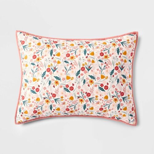 Floral Cotton Reversible Kids' Sham - Pillowfort™: Coral Pink Pillowcase, Botanical Pattern, OEKO-TEX Certified
