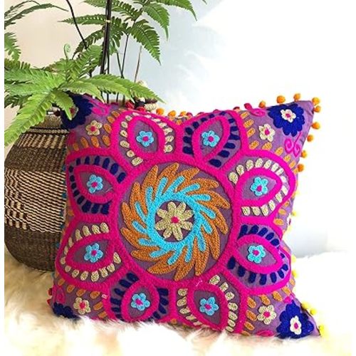 INDACORIFY Suzani Pillows, Embroidered Cushion Cover 16x16, Decorative Throw Pillow Case, Indian Pom Pom Outdoor Cushions, Boho Pillow Shams