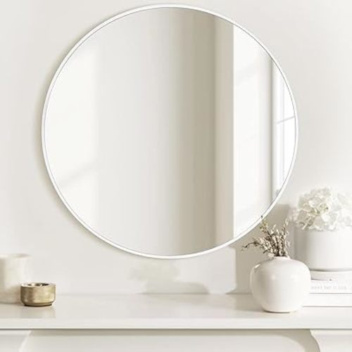White Round Mirror 24 Inch,Circle Bathroom Vanity Mirror for Wall,Hanging Modern Tempered Glass Mirror for Entryway or Living Room