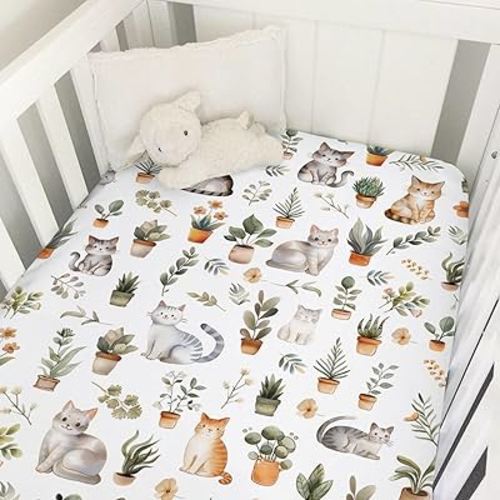 Watercolor Cats Boho Leaves Flowers Baby Crib Sheets 52''x28'' Cute Cats Tropical Plants Stretchy Fitted Crib Mattress Cover for Boy Girl Soft Nursery Bed Sheets for Standard Crib and Toddler Mattress