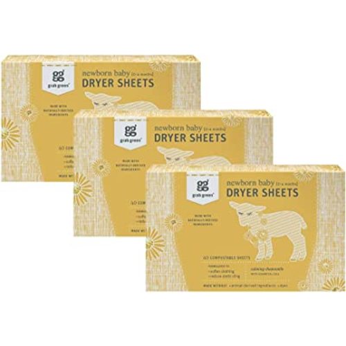 Grab Green Newborn Baby Dryer Sheets, 120 Sheets, Chamomile Scent, Plant and Mineral Based, Compostable, Softens Clothing and Linens, Reduces Static Cling