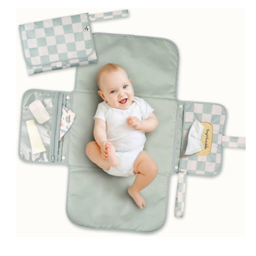 Tiny Twinkle Portable Diaper Changing Pad | Foldable, Waterproof & Compact Travel Changing Mat with Storage | Smart Wipes Pocket for On-The-Go Parents | Newborn Shower Gift (Sage Checkers)