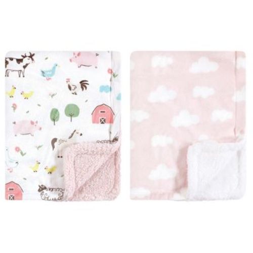 Hudson Baby Infant Girl Plush Mink and Faux Shearling Blanket, Girl Farm Animals, One Size