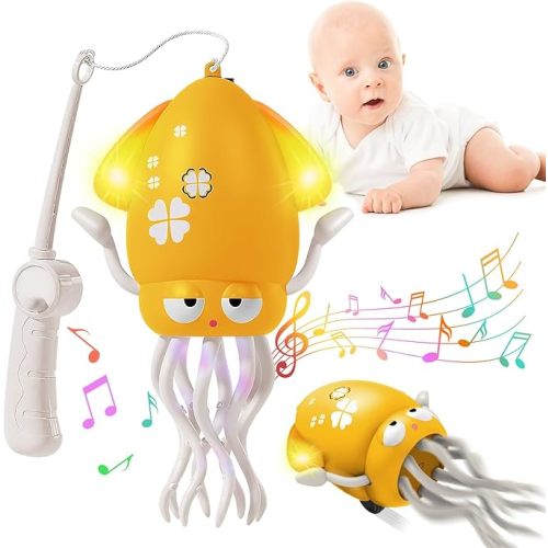 Plnmlls Dancing Octopus Toy,Tummy Time Toys,with Music and LED Light,Built-in Rechargeable Battery and Volume Can be Turned Off for 6-12 12-18 36 Months Walking Toddler Birthday Gift(Amber)