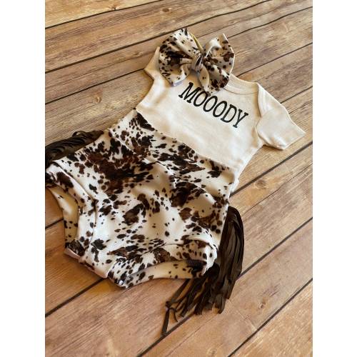 Cowhide with fringe + MOOODY Baby Girl Soft Knit Bummies and Bow Set - cowhide with fringe