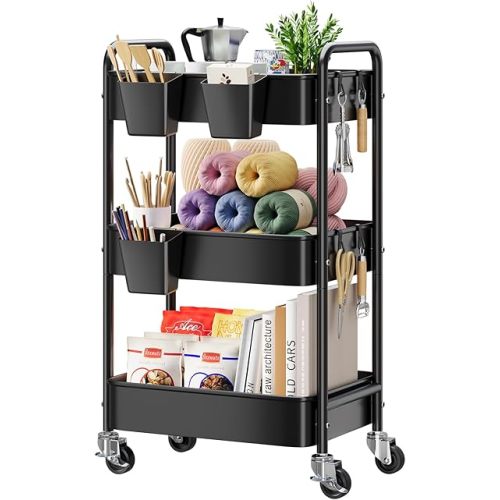 3 Tier Rolling Cart Metal with Lockable Wheels and Cups, Three Tiered Craft Cart Organizer on Wheels, Black Storage Utility Trolley for Art, Snack, Book, Kitchen, Bathroom, Bedside, Laundry Supplies