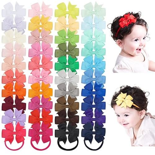 jollybows 40pcs Baby Girls Grosgrain Ribbon Hair Bows Headbands 3" Hair Band Hair Accessories for Infants Newborn Toddler
