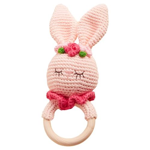 CHIPPI & CO Crochet Baby Rattle, Crochet Baby Toys, Stuffed Baby Doll, Organic Wooden Newborn Toys, Knitted Stuffed Animals for Babies Boy, Girl, First for New Dad (Clover Bunny)