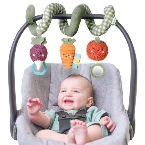 Itzy Ritzy Spiral Car Seat & Stroller Activity Toy - Stroller & Car Seat Toys for Ages 0 Months and Up - Hanging Toys Include Dangling Ring, Mirror and Textured Ribbons (Veggie)