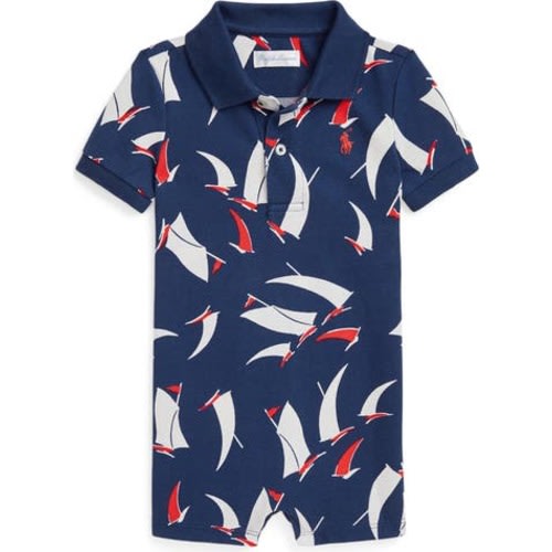 Sailboat Print Cotton Piqué Polo Romper, 12M