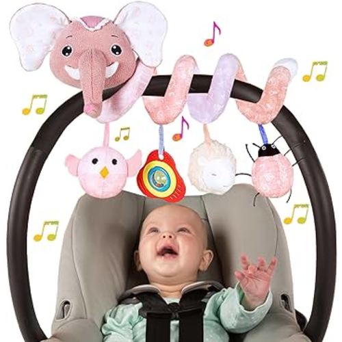 Car Seat Toys for Babies 0-6 Months, Infant Spiral Activity Toys Baby Gril Car Seat Toys 6-12 Months Hanging Stroller Toys for Baby Girls 0-6 Months with Musical Owl Rattle Sheep - Pink Elephant