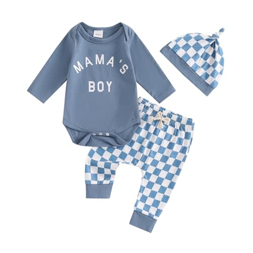 Aifawile Baby Boy Fall Outfits Long Sleeve Letter Print Romper Shirt Checkerboard Pants Hat Sets Newborn Boy Winter Clothes