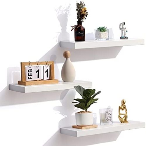 Floating Shelves,White Solid Wood Wall Shelves with Invisible Brackets Set of 3, Wall Mounted Floating Shelf for Bedroom Living Room Bathroom Kitchen, Shelves for Wall Decor Storage