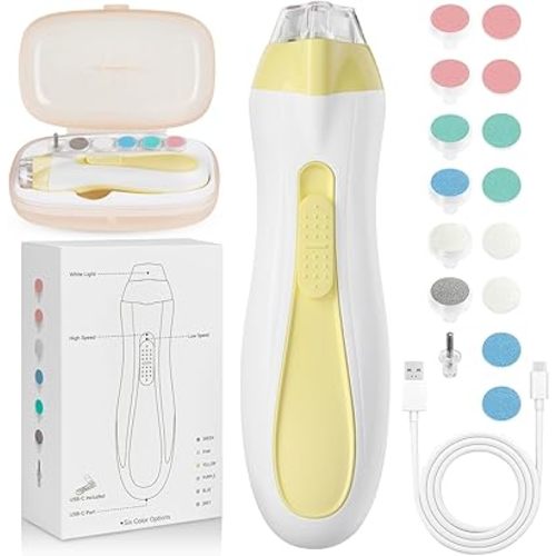 Baby Nail Trimmer Electric, 15 in 1 Baby Nail Clippers for Gentle Nail Care, Rechargeable Baby Nail File Electric with Light &15 Grinding Pads for Infant Toddler, Yellow