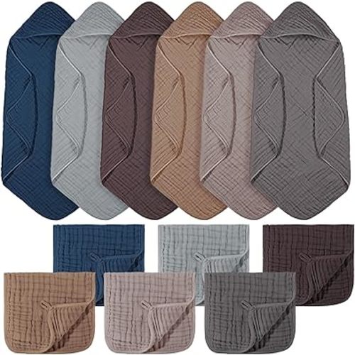 VitalCozy Neutral Colors Baby Muslin Hooded Bath Towels and Washcloths, 32 x 32 Inch Muslin Hooded Baby Towels Absorbent Blankets for Gift Newborn Infant Shower (12 Pcs)