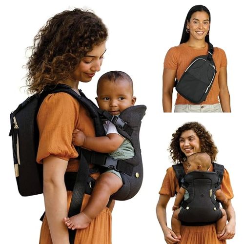 The Infantino Flip 4-in-1 Convertible Baby Carrier & Crossbody Diaper Bag - Grow-with-Me Carrier with Attachable Crossbody Diaper Bag, Black and Gold, 2-Piece Set