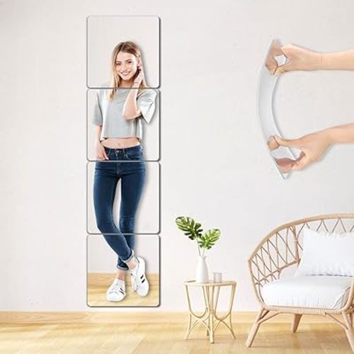 Unbreakable Wall Mirror Full Length Mirror Tiles, 4Pcs 10x10 inch Full Body Mirrors, Toddler Shatterproof Mirrors for Wall, Full Length Small Wall Home Gym Mirror