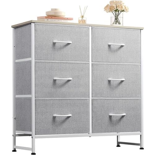 WLIVE Fabric Dresser for Bedroom, 6 Drawer Double Dresser, Storage Tower with Fabric Bins, Chest of Drawers for Closet, Living Room, Hallway, Light Grey