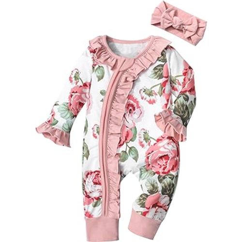 Infant Newborn Baby Girl Clothes Onesies for Baby Girl Long Sleeve Ruffle Baby Clothes with Headband Baby Clothes for Girls