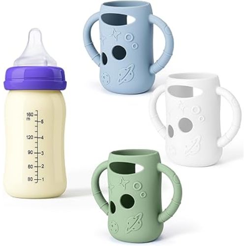 Mity rain 3 Pack Silicone Sleeves for Lansinoh Glass Bottles 5 OZ - Anti Breakage Baby Bottle Holder, Compatible with Lansinoh Glass Bottles for Babies with Handle