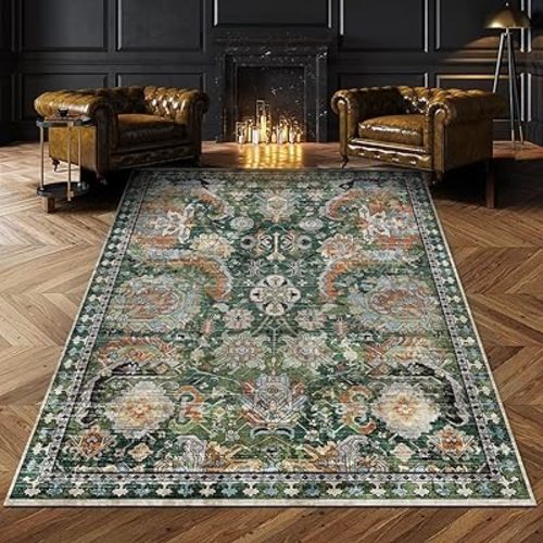 Washable Area Rugs - Perfect for Living Room, Bedroom, Kids Room, Nursery - Stain & Water Resistant Non-Slip, Pet & Child Friendly, Vintage Tribal Area Rugs (Green, 8' x 10')