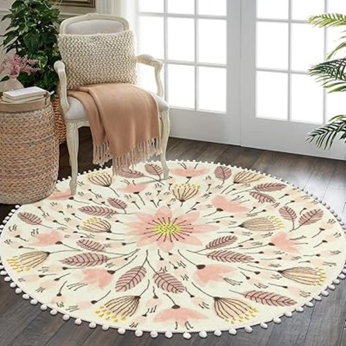 Uphome Round Rug for Bedroom 5.3' Circle Cute Area Rug with Pom Poms Fringe Floral Plant Washable Throw Rugs Non-Slip Soft Floor Mats for Entryway Laundry Living Room Kids Room Nursery, Pink