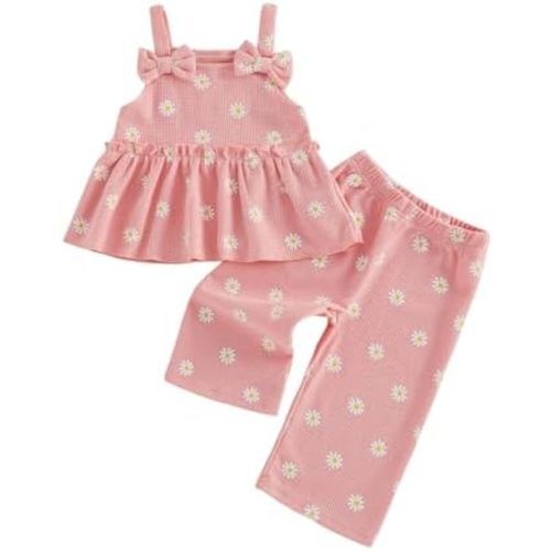 VISGOGO Infant​ Toddler Baby Girl Floral Outfit Sleeveless Waffle Cami Tank Ruffle Tops Wide Pants Summer Clothes