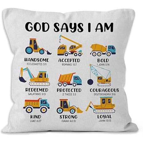 Construction Nursery Throw Pillow Covers 18x18, God Says I Am Bible Verse Decorative Pillow Covers for Boys Room Playroom, Christian Nursery Decor Pillowcases, Construction Accent Pillows Cover