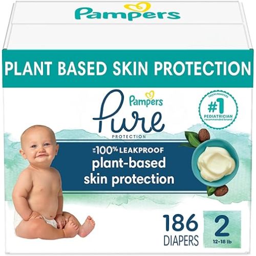 Pampers Pure Protection Diapers - Size 2, One Month Supply (186 Count), Hypoallergenic Premium Disposable Baby Diapers