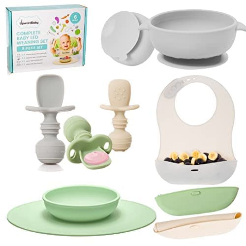Upward Baby Led Weaning Supplies Set | Toddler Plate for Baby, 3 Self Feeding Spoons 6 Months+, Suction Bowl, 3 Self Eating Silicone Bibs | Infant First Stage BLW Utensils 6-12 Months - 8PC Green Set with Plate