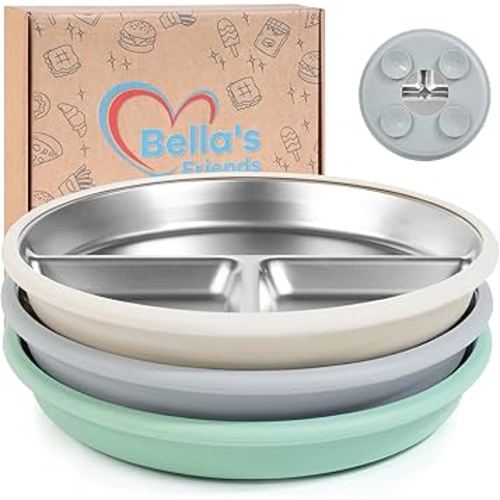 Bella’s Friends Stainless Steel Baby Plates with Suction 3 Pack, 8” Divided Toddler Plates with Removable Silicone Sleeves for Mess-Free Feeding, Non-Toxic, Non-Slip, Dishwasher Safe, beige,gray,green