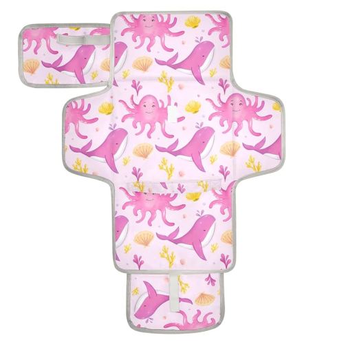 Cute Pink Whale Portable Diaper Changing Pad for Baby, Waterproof & Foldable Changing Mat, Soft & Comfortable with Wipes Pocket, Baby Essentials