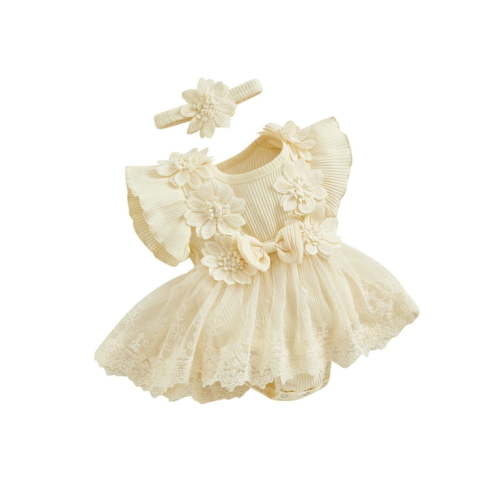 Arvbitana Baby Girls Sweet Romper Dress Sleeveless Flower Mesh Lace Patchwork Ruffle Bodysuit with Headband 3M 6M 12M 18M Newborn Infant Cute Summer A-line Princess Dress