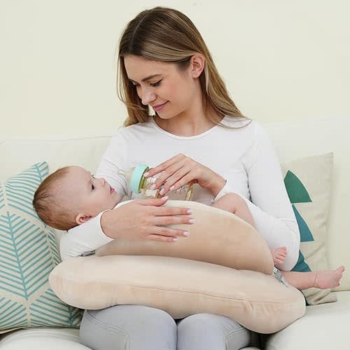 Nursing Pillow,Tummy Time Pillow, Security Fence Baby Nursing Pillow for Bottle Feeding, Removable Cotton Cover, Plus Size Breastfeeding Pillows for Ergonomic Support for Mom and Baby (Khaki)