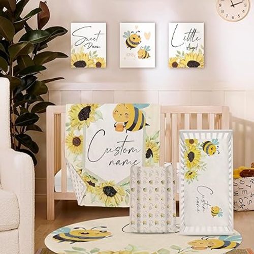 Custom Baby Crib Bedding Set - 5-Piece Personalized Baby Name Bedding for Toddler or Infant Boys, Adorable Bee with Yellow Sunflower Nursery Set
