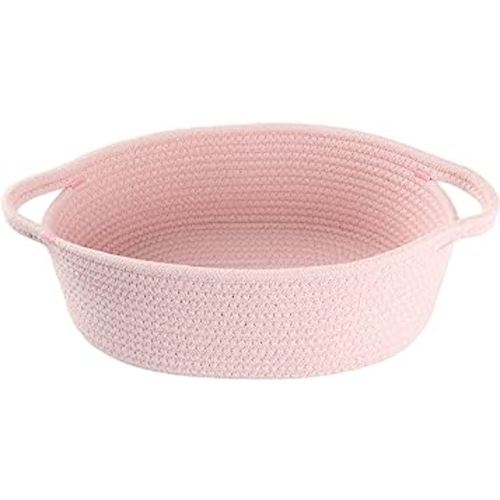 Small Woven Basket Cute Oval Cotton Rope Gifts Basket with Handle Empty Baby Wicker Storage Basket nursery Box Bin kids organizer Cat Dog toy basket Easter Basket light pink