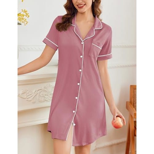 Ekouaer Nightgowns for Women Button Down Sleepshirt Short Sleeve Nightshirt Boyfriend Pajamas V Neck Nightdress S-XXXL