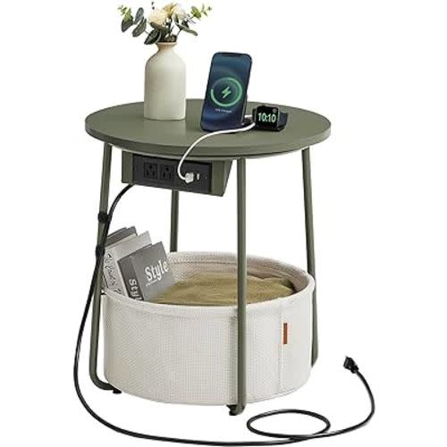 VASAGLE Side Table with Charging Station, Round End Table With Fabric Basket, Nightstand with Power Outlets USB Ports, for Living Room, Bedroom, Modern, Forest Green and Cream White ULET228C04