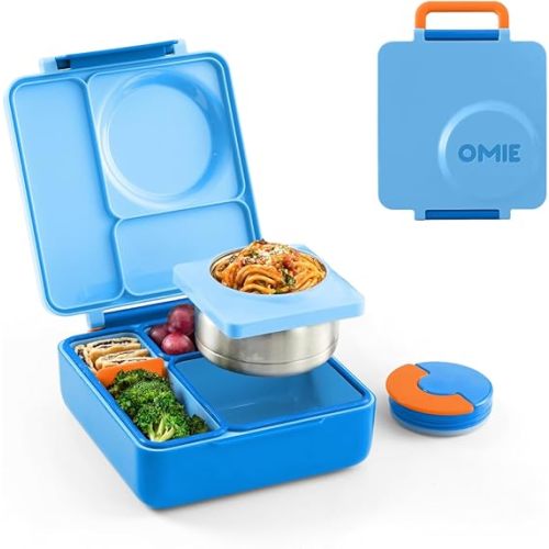 Omie OmieBox Bento Box for Kids - Insulated Lunch Box with Leak Proof Thermos Food Jar - 3 Compartments, 2 Temperature Zones (Blue Sky)