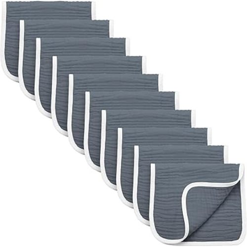 Synrroe Burp Cloths Large, Muslin Burp Cloths for Baby Girls and Boys, Pack of 10 Extra Absorbent and Soft Muslin Bibs, 6 Layers 20 by 10 Inches 100% Cotton (Dark Grey 10 Pack)